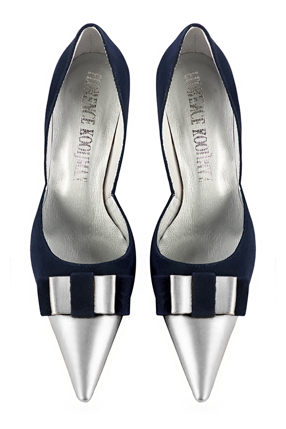 Light silver and navy blue women's open arch dress pumps. Pointed toe. Very high slim heel. Top view - Florence KOOIJMAN